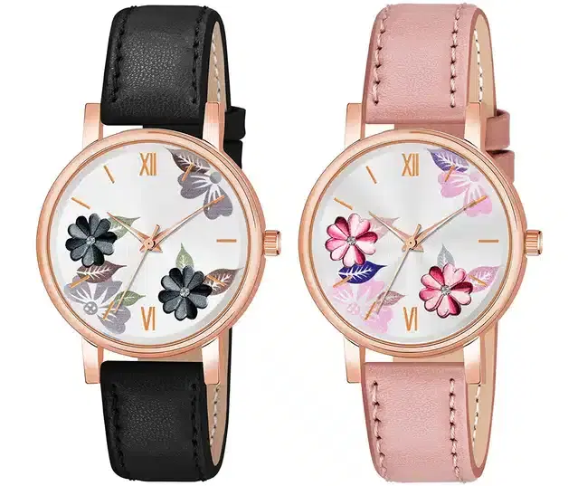 Designer Leather Analog Watch for Women & Girls, Pack of 2 (Black & Peach)