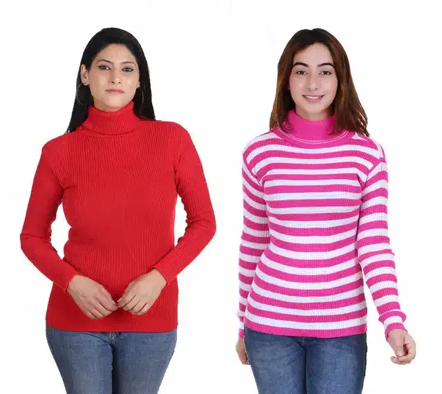 Full Sleeves Solid Sweater for Women, Pack of 2 (Red & Dark Pink, S)