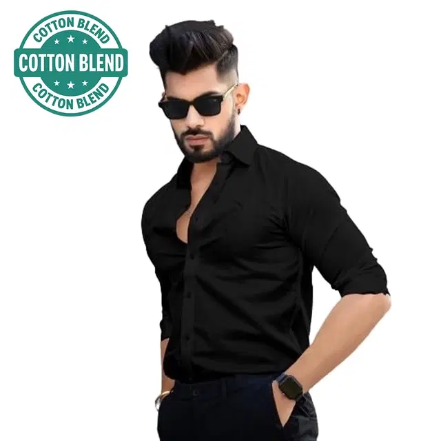 Cotton Blend Full Sleeves Solid Shirt for Men, Black (M)