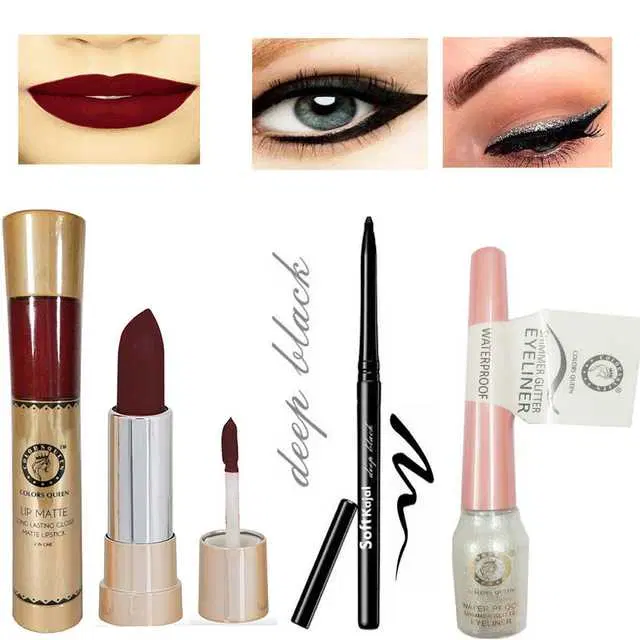 Combo of 1 Colors Queen Lip Matte 2 In 1 Coffy 24 Hour Long Lasting Gloss & Matte Lipstick, 6&2 g & 1 Colors Queen 12 Hours Long-Lasting Smudgeproof Waterproof Deep Black Soft Kajal & 1 Colors Queen Waterproof Shimmer Glitter White Eyeliner, R858