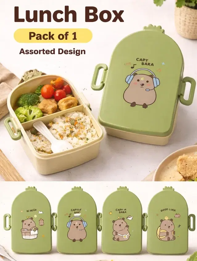 Lunch Box for Kids, Cartoon Lunch Box with Fork, Green (Assorted Any 1 Design)