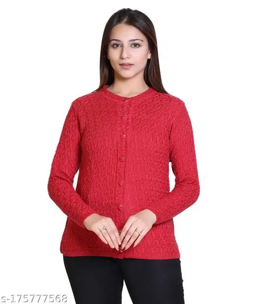 Acrylic Solid Sweater for Women (Red, L)