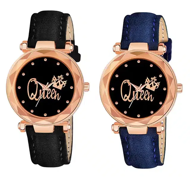 Designer Leather Analog Watch for Women & Girls, Pack of 2 (Black & Blue)