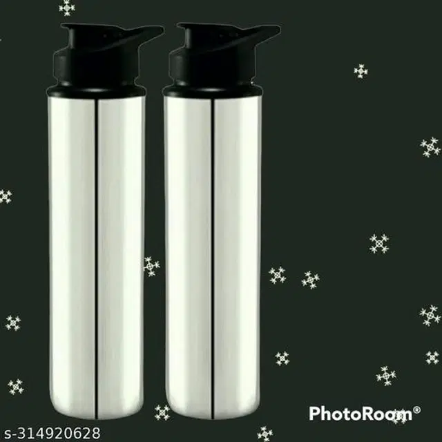 Stainless Steel Sports Water Bottles, Pack of 2, Silver, 1000 ml