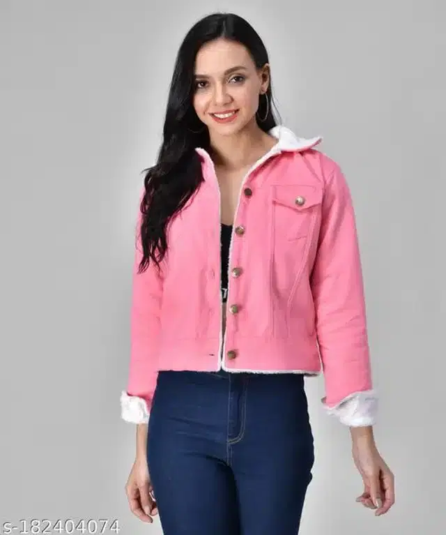 Denim Solid Full Sleeves Jacket for Girls (Baby Pink, 12-13 Years)