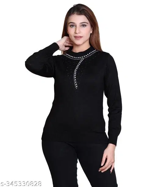 Acrylic Embellished Sweater for Women (Black, M)