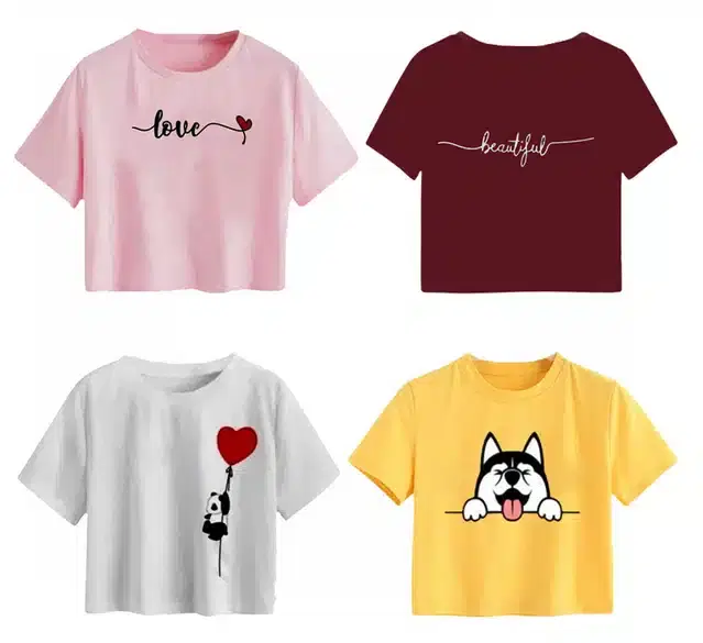 Cotton Printed Crop Tops for Girls, Pack of 4 (Multicolor, 10-11 Years)