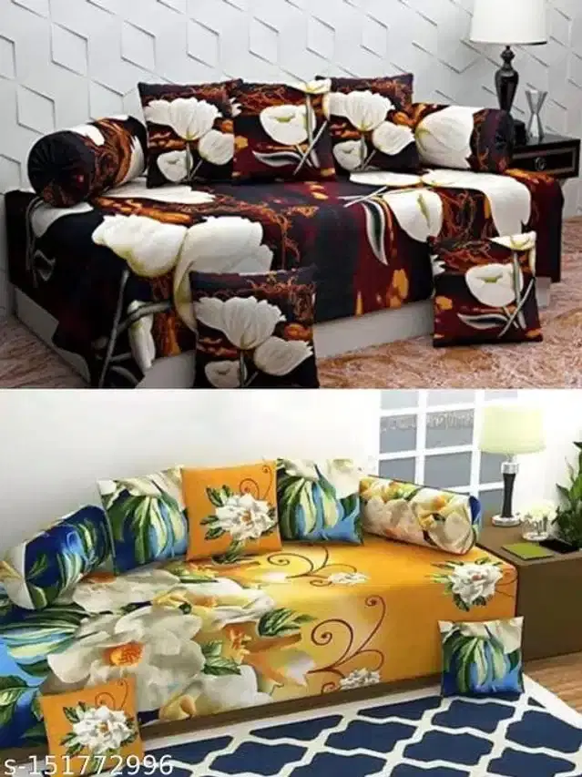 Polycotton Diwan Cover Set, Multicolor, Combo of 2