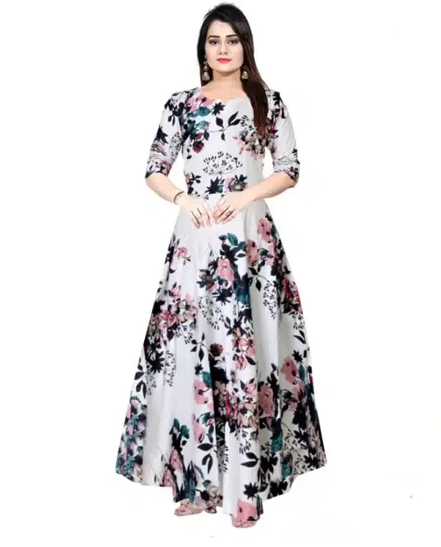 Anarkali Half Sleeves Gown for Women (Grey & Black, M)