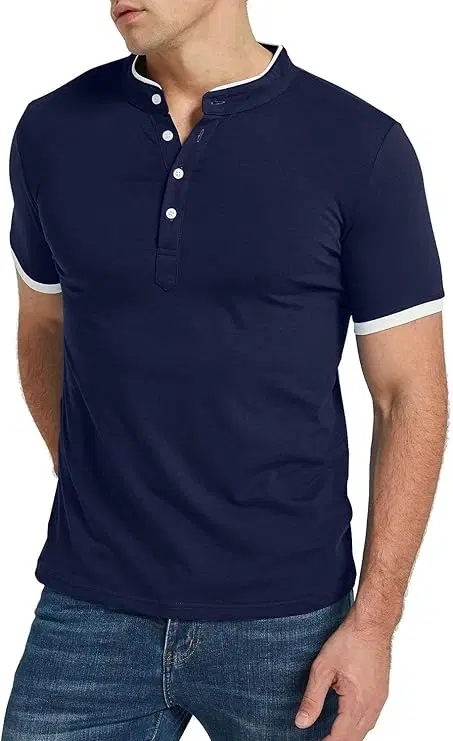 Mandarin Collar Solid T-Shirt for Men, Blue (L)