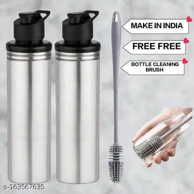Stainless Steel 2 Pcs Water Bottle, 1000 ml with Cleaning Brush, Silver, Set of 3