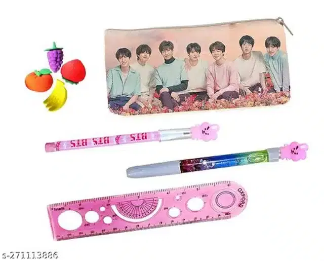 Combo of Pouch, Pen, Pencil & Eraser, Multicolor, Set of 4