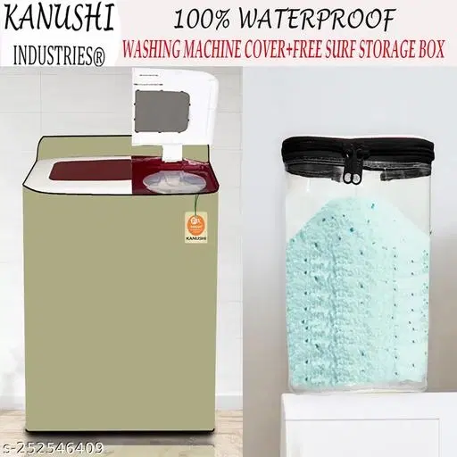 KANUSHI Industries® 100% Waterproof & Dustproof Top Load Semi Automatic Washing Machine Cover+1 Pc Surf Power Storage Box (Suitable 6 Kg, 6.5 kg, 7 kg, 7.5 kg) (WASMAC-WATERPROOF-KHAKI-SEMI+1-GIFT)