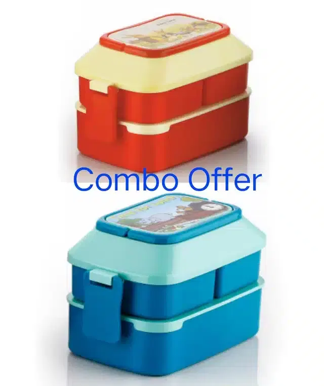 2 Containers Lunch Box with Roti Tray and 2 Spoons., Multicolor, 1100 ml, Set of 2