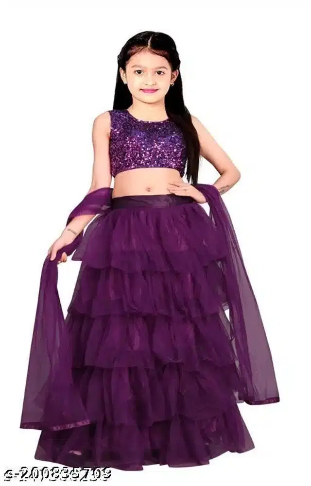 Velvet Lehenga Choli With Dupatta for Girls (Purple, 9-10 Years)