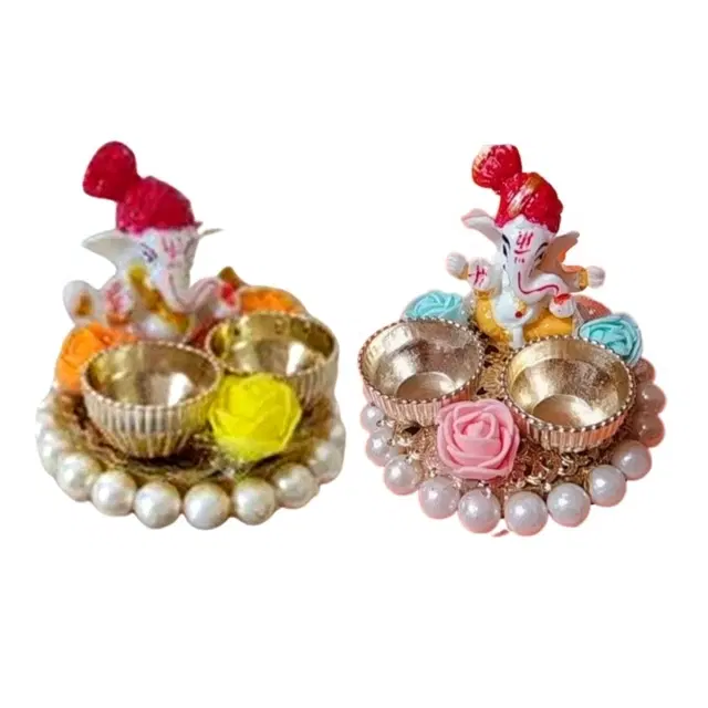 Metal Decoretive Pooja Thali, Multicolour Pack of 2