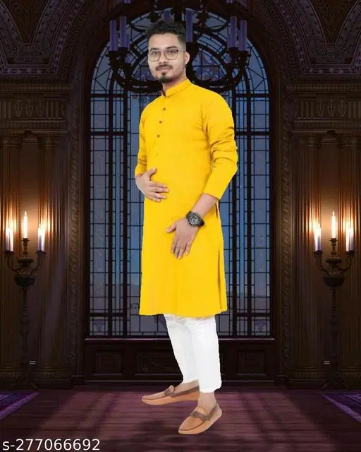 Mandarin Neck Kurta for Men (Yellow, S)