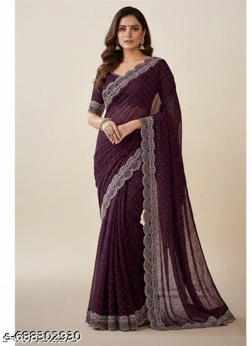 Georgette Embellished Saree For Women, Purple