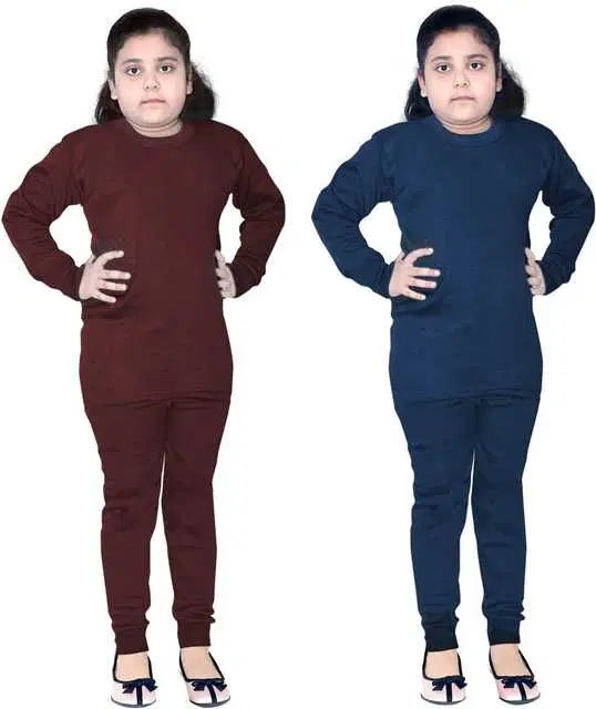 Solid Kids Girl's Thermal Top & Bottom Set, Set of 2 (Brown & Blue, 3-4 Years) (FE-24)
