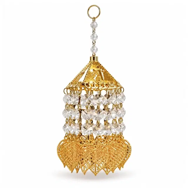 Golden Crown Jhoomar With Crystal Drops And Gold Leaf Tassel