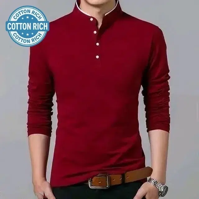 Mandarin Collar Solid T-Shirt for Men, Maroon (XXL)