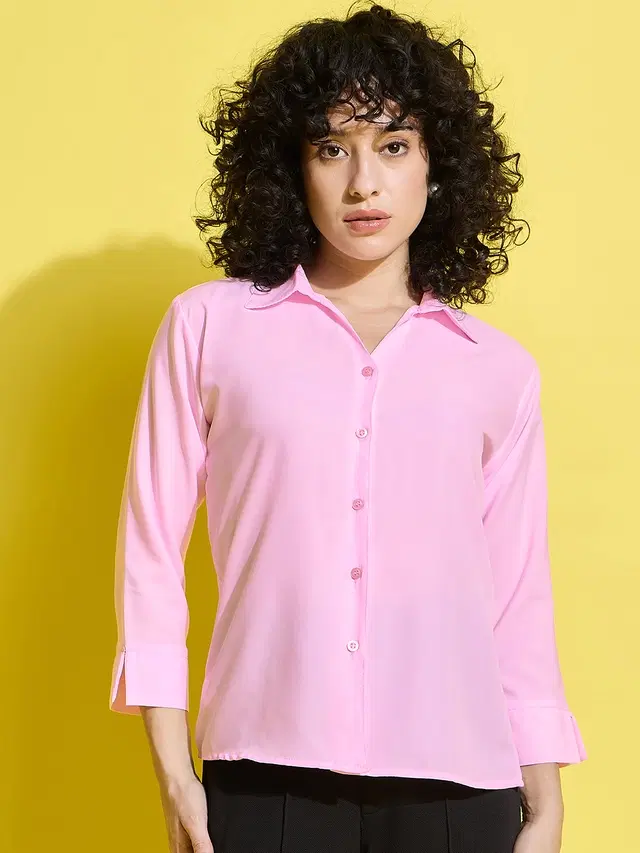 Three-Quarter Sleeves Solid Shirt for Women (Light Pink, L)