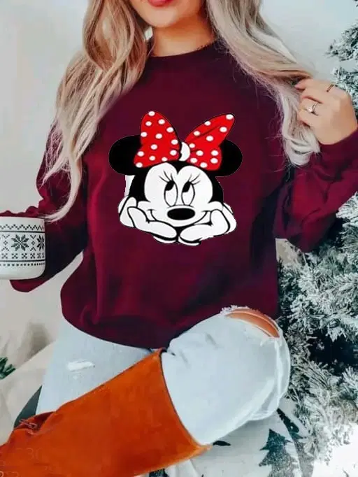 Fleece Printed Sweatshirt for Women (Maroon, S)