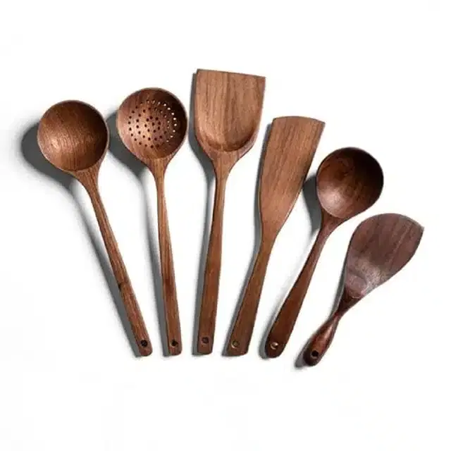 Wooden Cooking & Serving Spoons, Brown, Set of 6