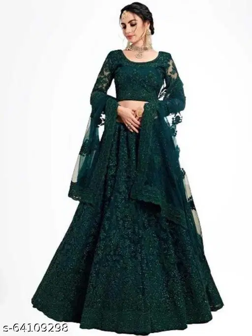 Cotton Blend Lehenga Choli for Women (Green, Free Size)