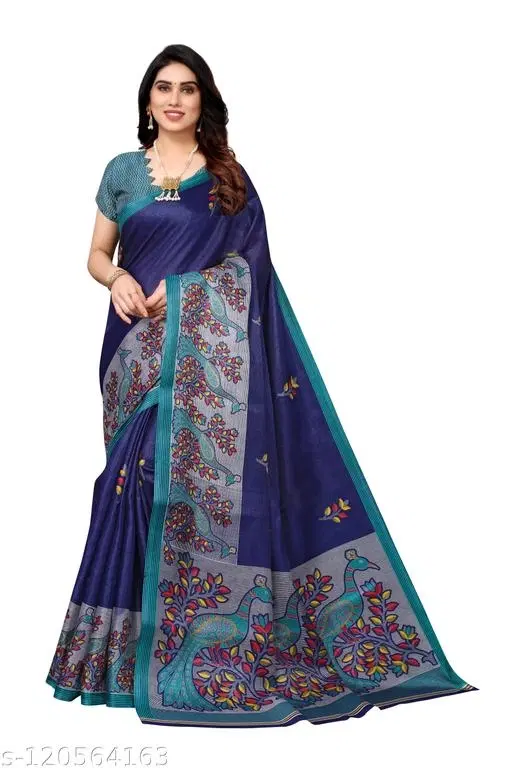 Designer Art Silk Saree for Women (Navy Blue, Free Size)