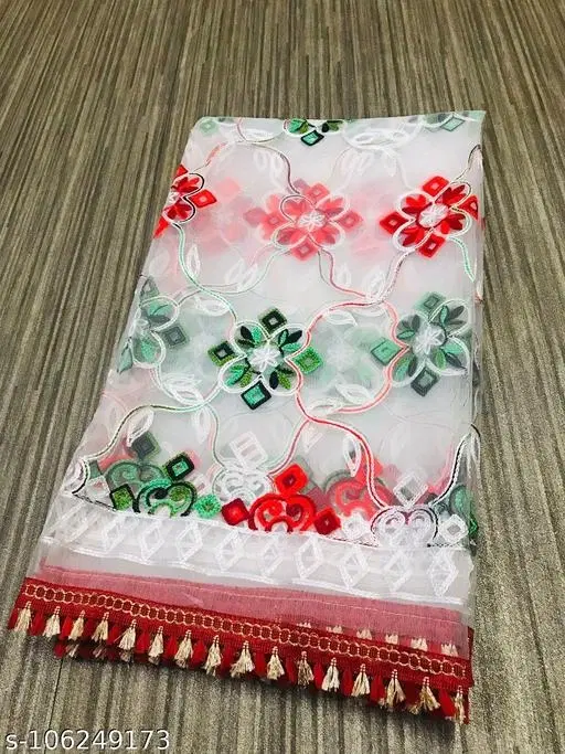 Net Embroidered Scarves for Women, White (Floral, Aari Work)