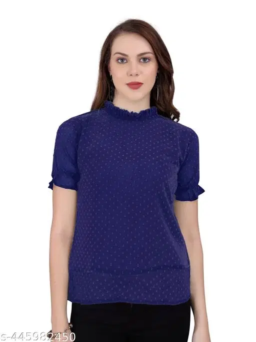 Casual Georgette Top for Women (Blue, XL)