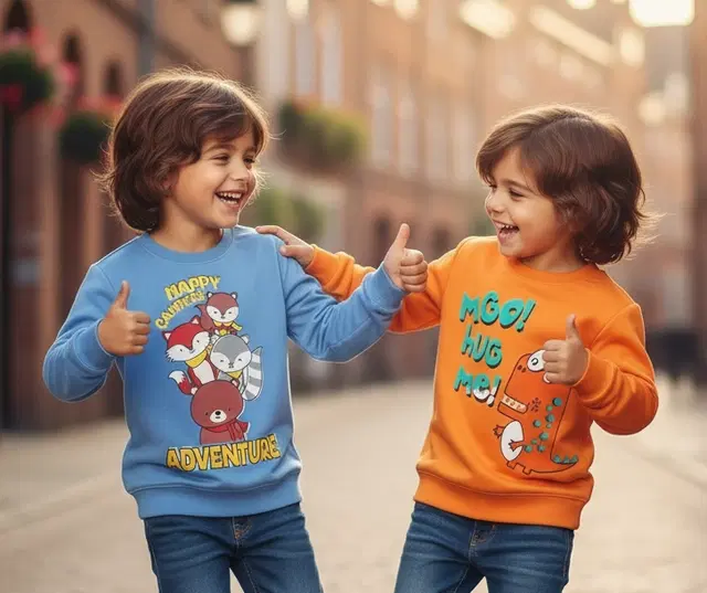 Round Neck Printed Wool Sweat Shirt For Boys, Multicolour (3-4 Years) ,Pack Of 2