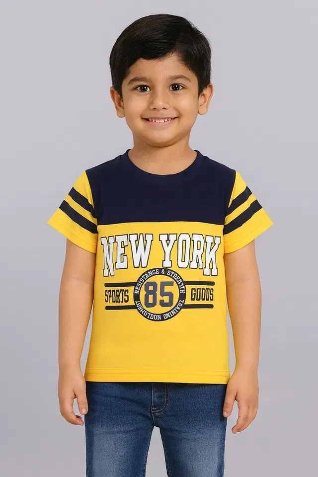 Cotton Printed T-Shirt for Boys, Yellow & Blue (7-8 Years)