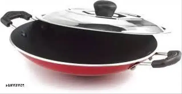 Aluminium Nonstick Kadhai with Lid, Red