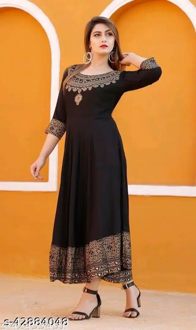 Rayon Printed Kurti for Women (Black, L)
