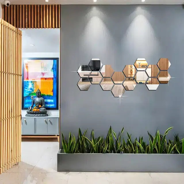 Acrylic Hexagon Shaped Wall Mirror Stickers, Silver, Pack of 16