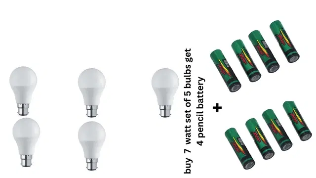7 W LED Bulbs, 5 Pcs with 4 Pcs Battery, White, Set of 2