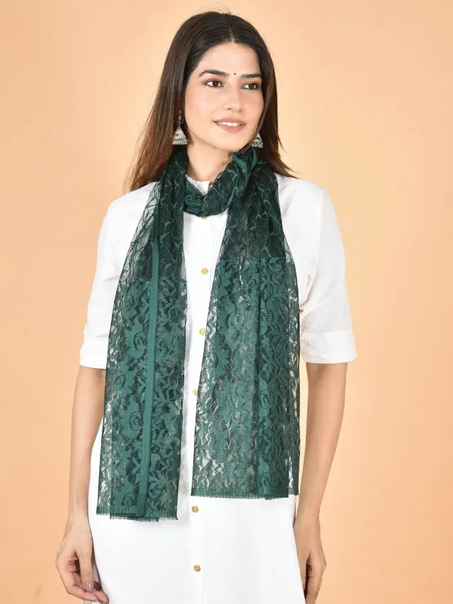 Net Self-Design Dupatta for Women (Bottle Green, 2.2 m)