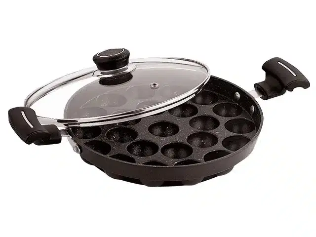 NIRLON Aluminium Appam Maker with Lid, Black & Transparent, 23 cm