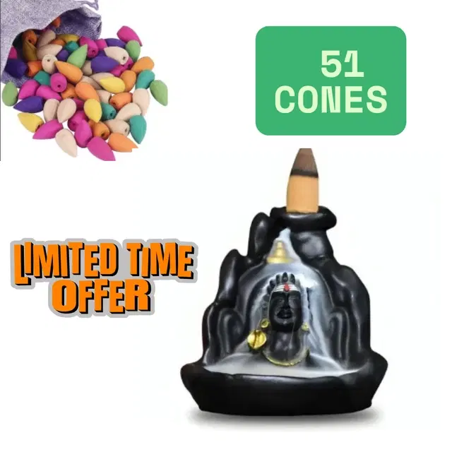 Poly Resin Shiva Murti Showpiece with 51 Pcs Backflow Smoke Cones, Black, Set of 1