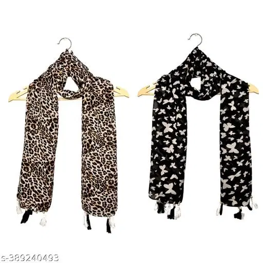 Poly Chiffon Printed Scarves for Women, Multicolor, Pack of 2