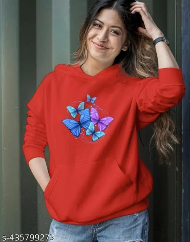Fleece Printed Hoodie for Women (Red, S)