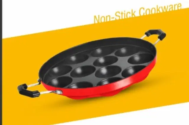 ZODEX 12 Cavities Non Stick Appam Patra with Lid and Side Handle, Multicolor, 21 cm