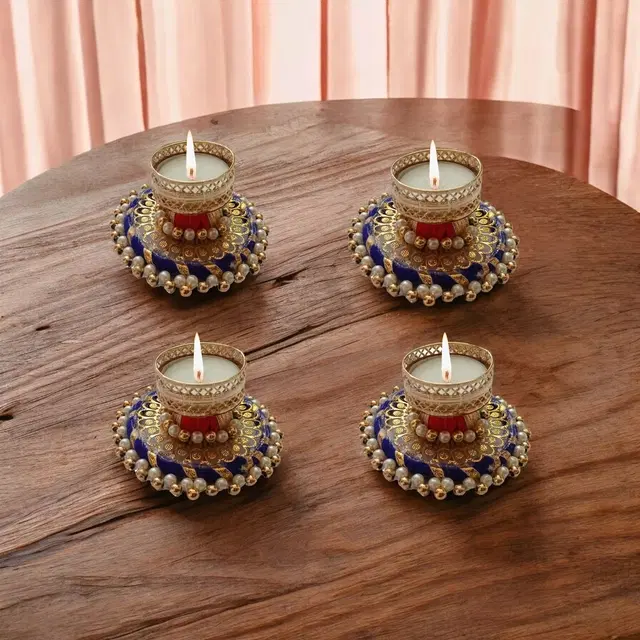 Metal Designer Tealight Candle Holder, Blue, 8.8x8.8x3.8 cm, Pack of 4