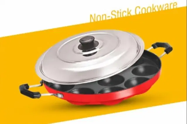 ZODEX 12 Cavities Non Stick Appam Patra with Lid and Side Handle, Multicolor, 21 cm