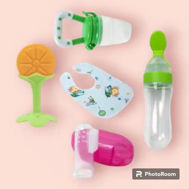 Silicone Food & Fruit Feeder, Teether, Finger Brush & Bid for Kids, Multicolor, Set of 5
