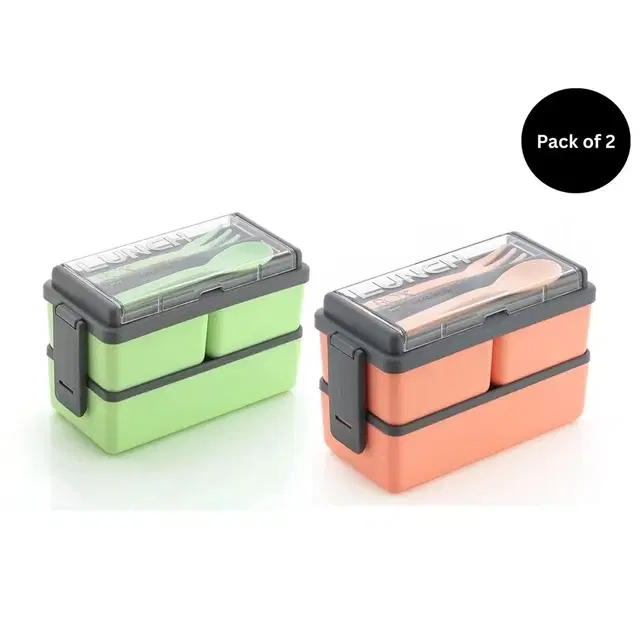 Premium Quality Plastic Lunch Box 1400ml (Pack of 2, Green & Orange)