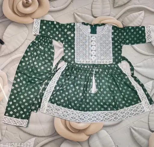 Rayon Kurta Set for Girls (Bottle Green, 12-18 Months)