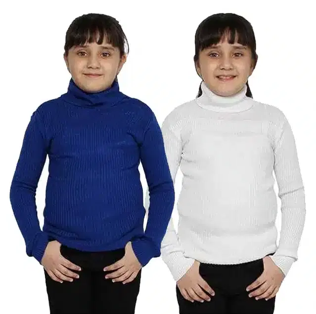 Full Sleeves Solid Sweater for Girls, Pack of 2 (Blue & White, 0-3 Months)